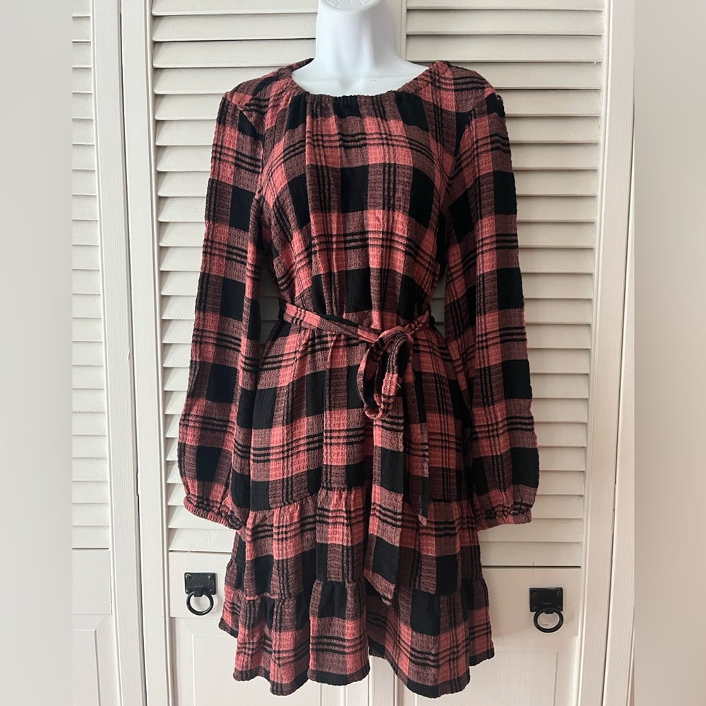 Cloth & Stone by Anthro Pink Plaid Ruffle Dress Size M